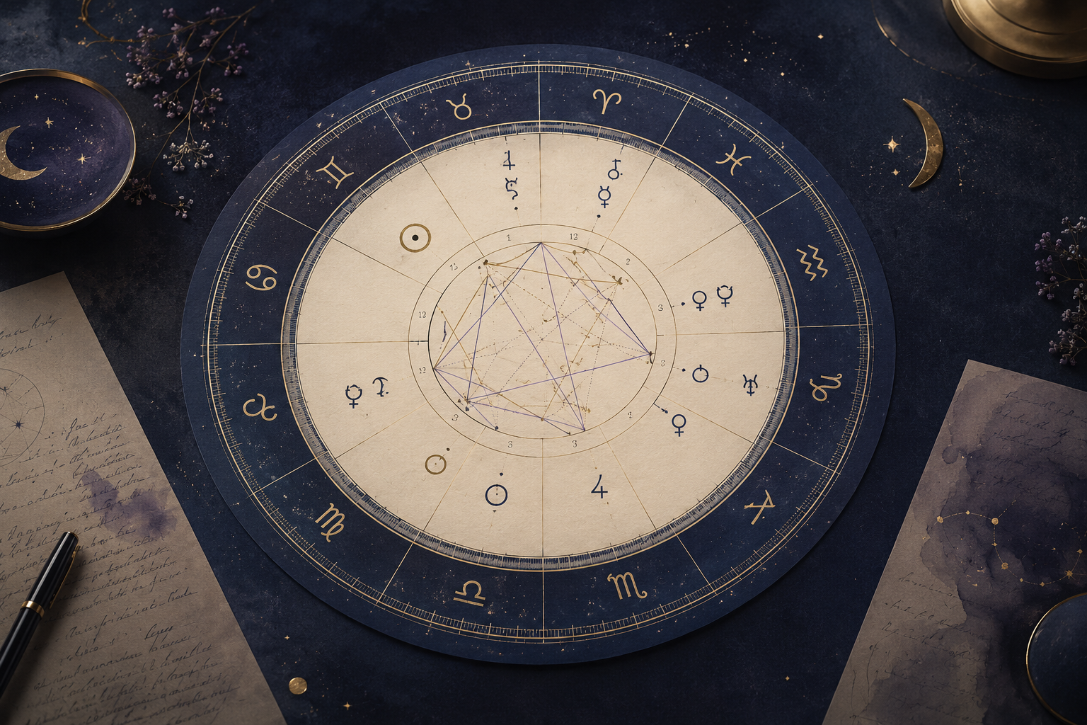 Natal chart wheel beside handwritten astrology notes