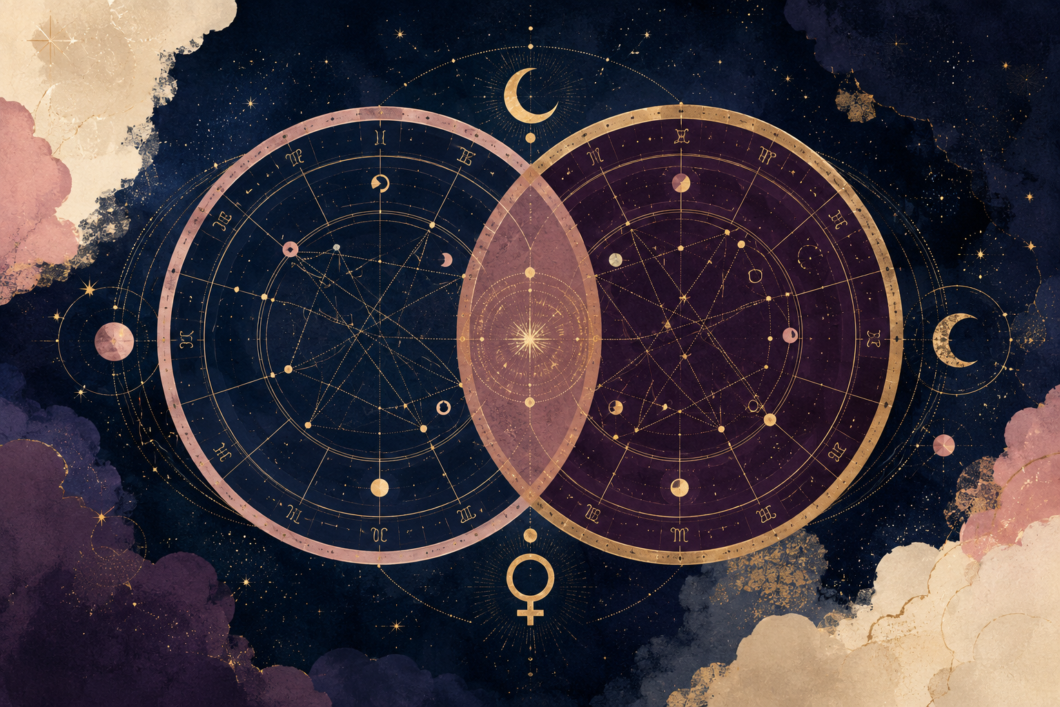 Two overlapping natal chart circles representing compatibility