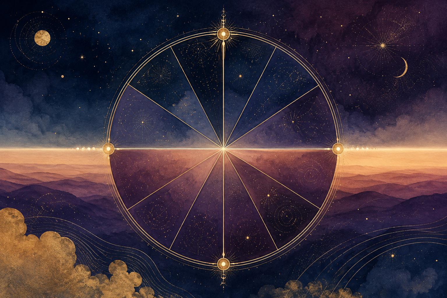 Twelve-section astrology house wheel with subtle gold details