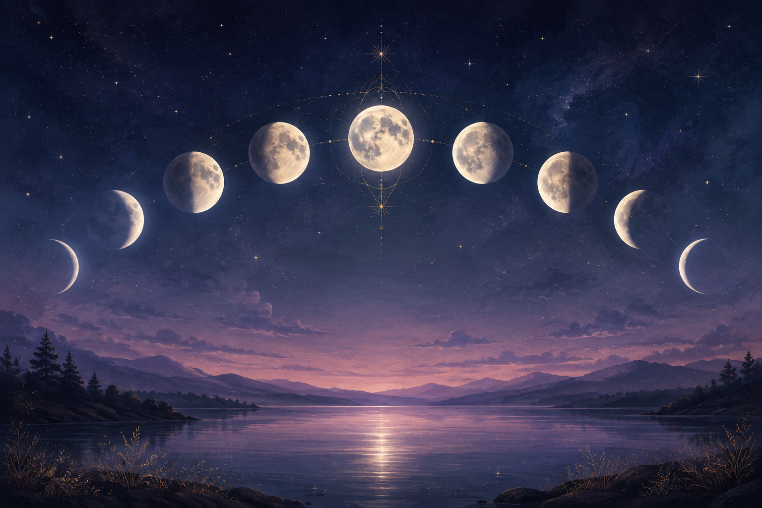 Moon phases moving across a dark indigo night sky