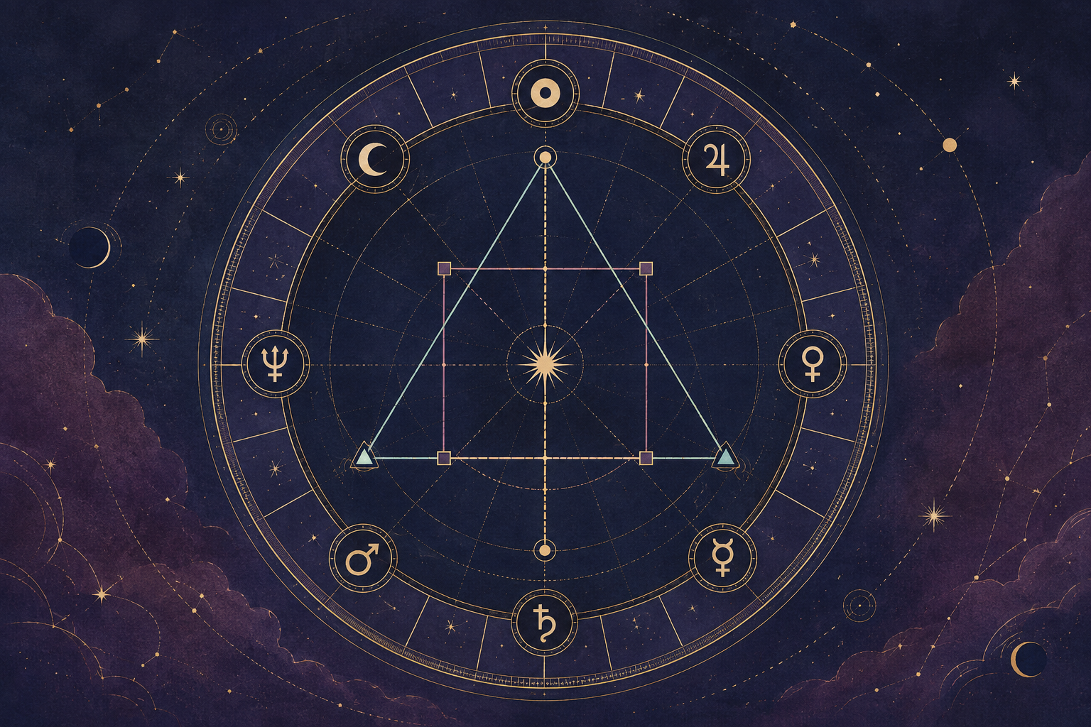 Geometric aspect lines inside a circular astrology chart