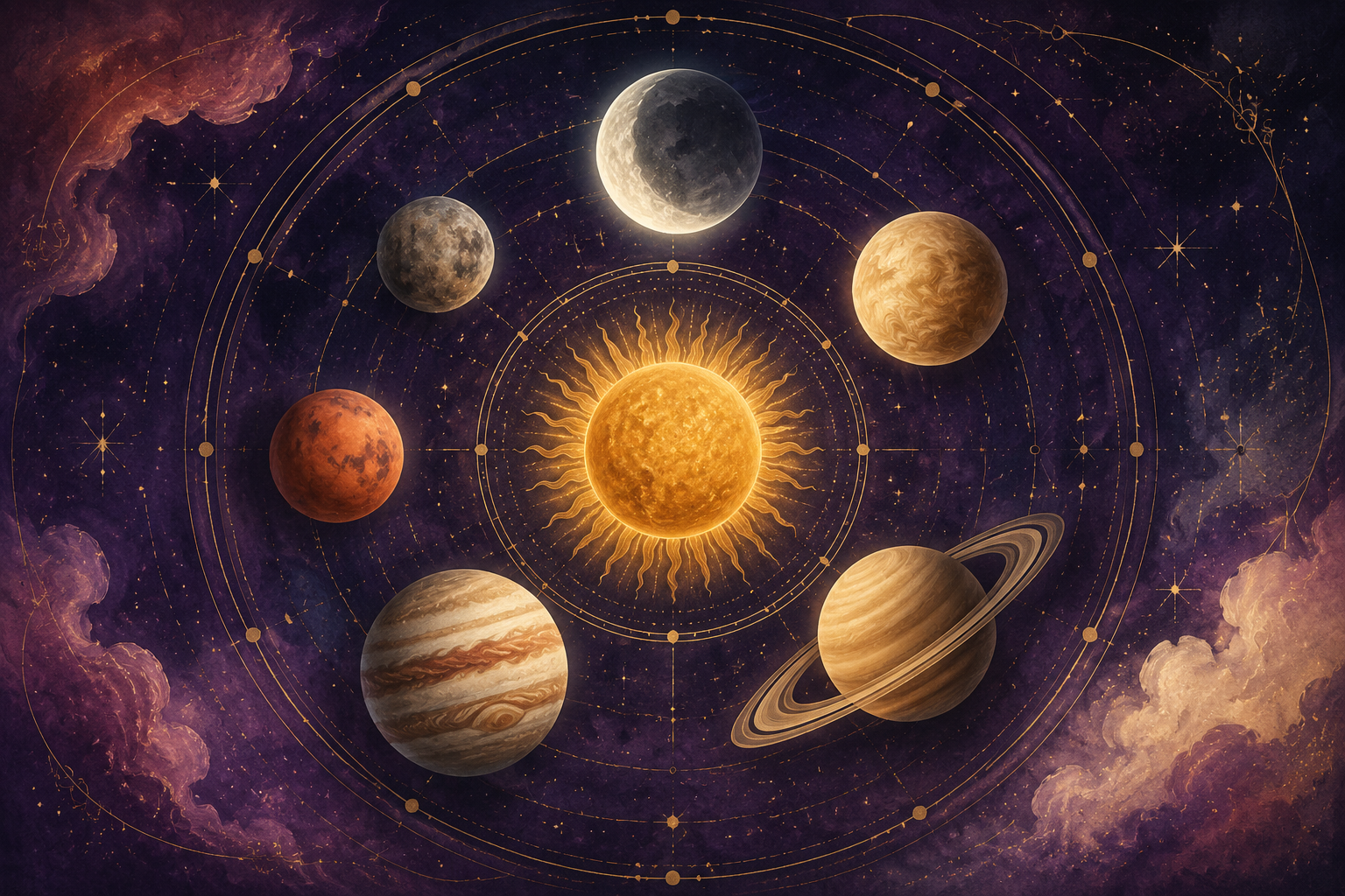 Celestial planets arranged around a refined zodiac wheel