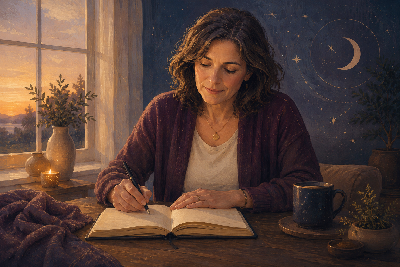 Woman journaling beneath subtle celestial symbols