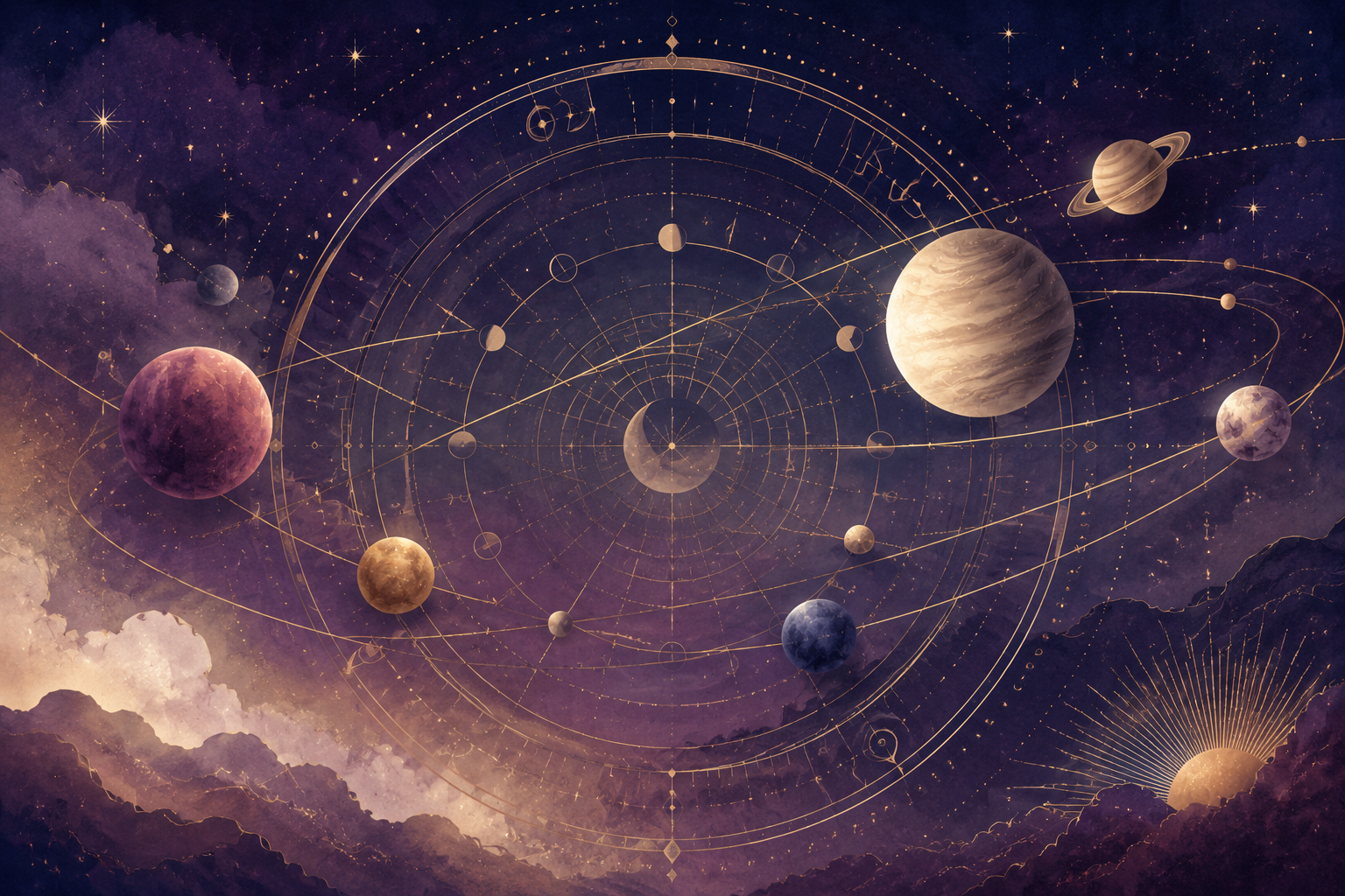 Planetary orbit lines crossing a softly illuminated astrology calendar