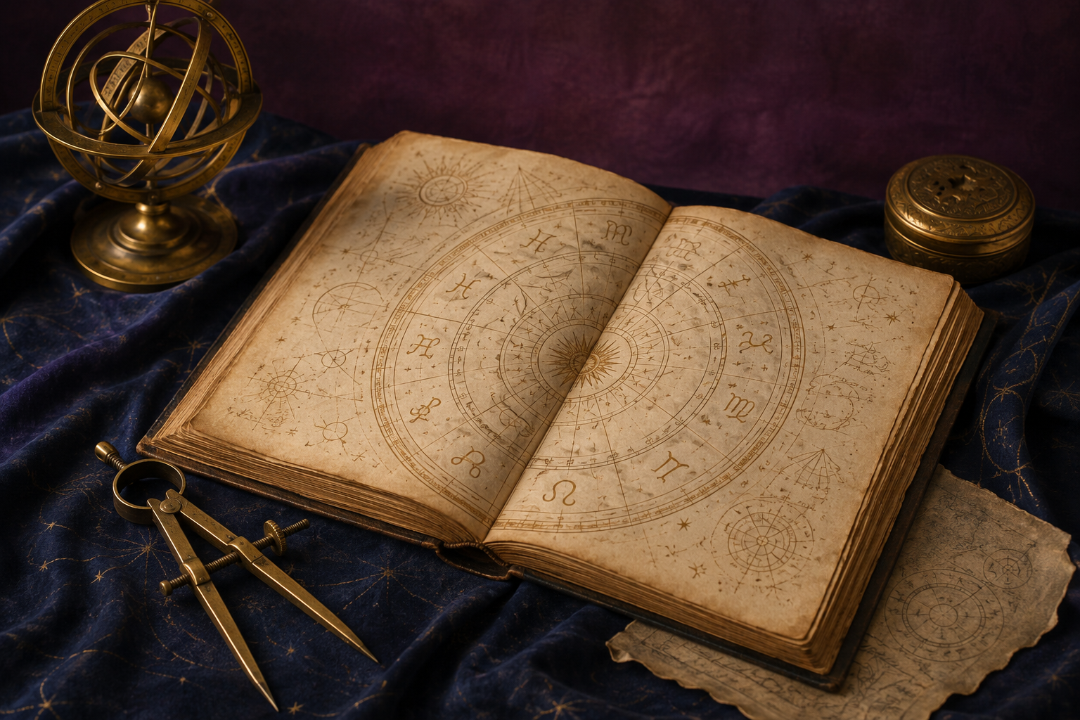 Traditional astrology manuscript tools and a brass chart wheel
