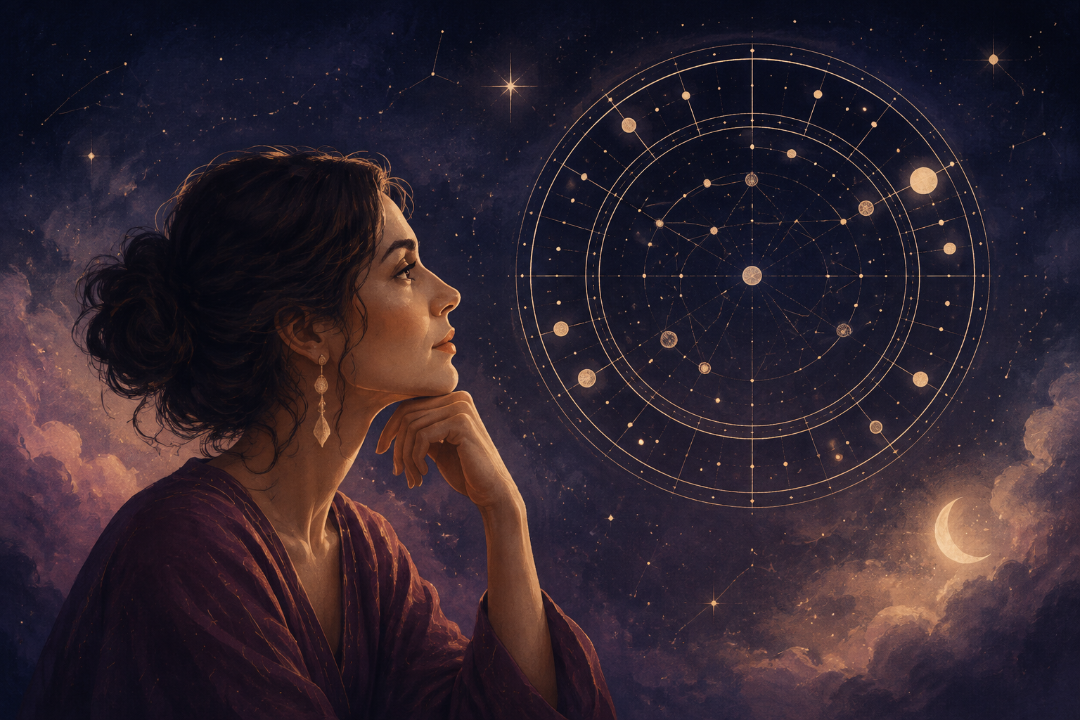 Woman reflecting beneath a celestial birth chart